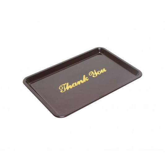 Thunder Group Tip Tray with Gold Imprint 12/Pcs features a “Thank You” message offering a polished and professional touch to customer transactions. Made from durable ABS plastic it is lightweight easy to clean and ideal for restaurants diners cafes and bars. Perfect for presenting bills change or tips in a tidy and courteous way.