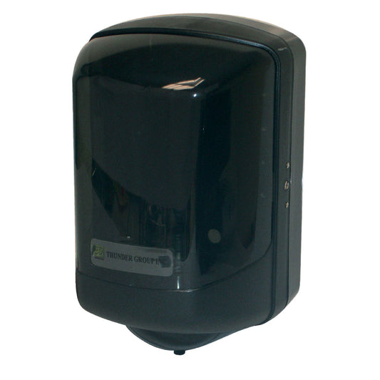 Thunder Group Center Pull Tower Dispenser features a sleek black finish and a durable construction designed for high-traffic commercial restrooms. Made with a tough ABS plastic base and a biodegradable general-purpose polystyrene cover, it offers reliable dispensing while supporting environmental sustainability. Its center-pull design ensures hygienic, one-at-a-time dispensing, reducing waste and cross-contamination. Ideal for restaurants, schools, hospitals, and office buildings.
