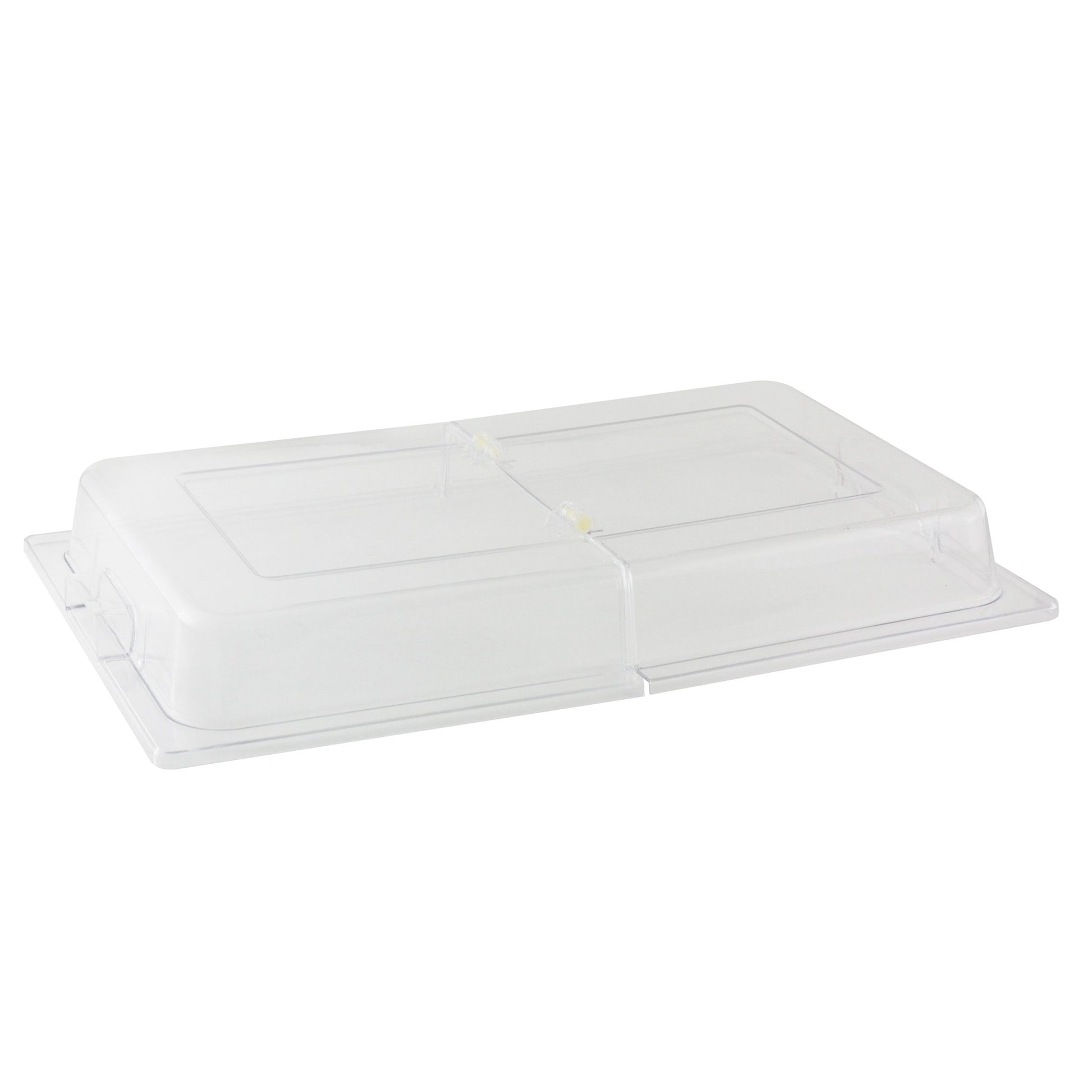 Thunder Group Full Size Hinged Cover is constructed from durable, crystal-clear polycarbonate for optimal visibility and long-lasting use. Measuring 21x13x3 inches, this cover features a convenient dual-sided hinged design that opens from both ends for easy access to food contents. Perfect for buffet stations, prep areas, and food storage, it helps maintain freshness while showcasing contents in a sanitary manner.