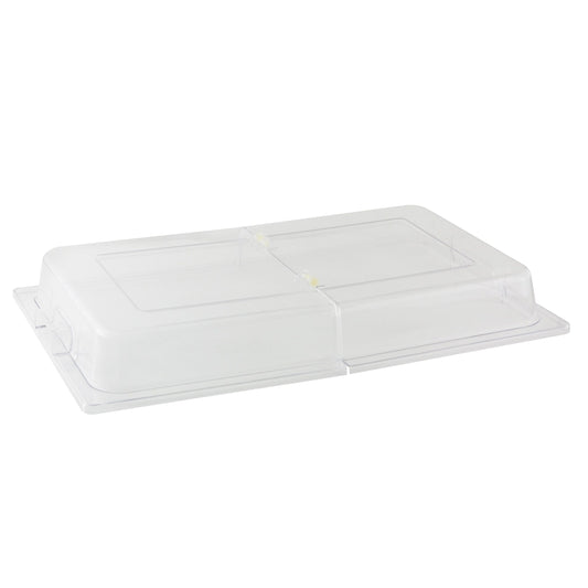 Thunder Group Full Size Hinged Cover is constructed from durable, crystal-clear polycarbonate for optimal visibility and long-lasting use. Measuring 21x13x3 inches, this cover features a convenient dual-sided hinged design that opens from both ends for easy access to food contents. Perfect for buffet stations, prep areas, and food storage, it helps maintain freshness while showcasing contents in a sanitary manner.
