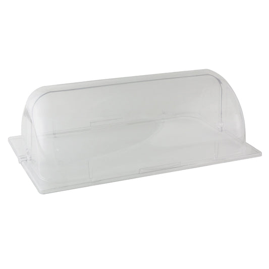Thunder Group Roll Top Chafer Cover is crafted from clear, durable polycarbonate and is ideal for elegant food presentation and protection. Measuring 21.1x14.25x7.3 inches, this roll-top cover provides convenient access to food while keeping it covered and sanitary. The transparent design enhances food visibility for buffets, catered events, and food displays. Lightweight yet sturdy, this chafer cover offers functionality and style in any foodservice setting.