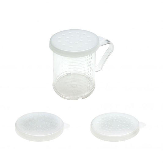 Thunder Group Polycarbonate Dredger with Handle 3 Snap-On Polycarbonate Lid Set is a versatile and durable kitchen tool made from clear polycarbonate. Designed with an easy-grip handle and measurement markings, this dredger includes three snap-on lids with fine, medium, and large perforations for controlled dispensing. Perfect for powdered sugar, spices, grated cheese, or flour, it offers convenience and cleanliness in busy kitchens, bakeries, and restaurants.