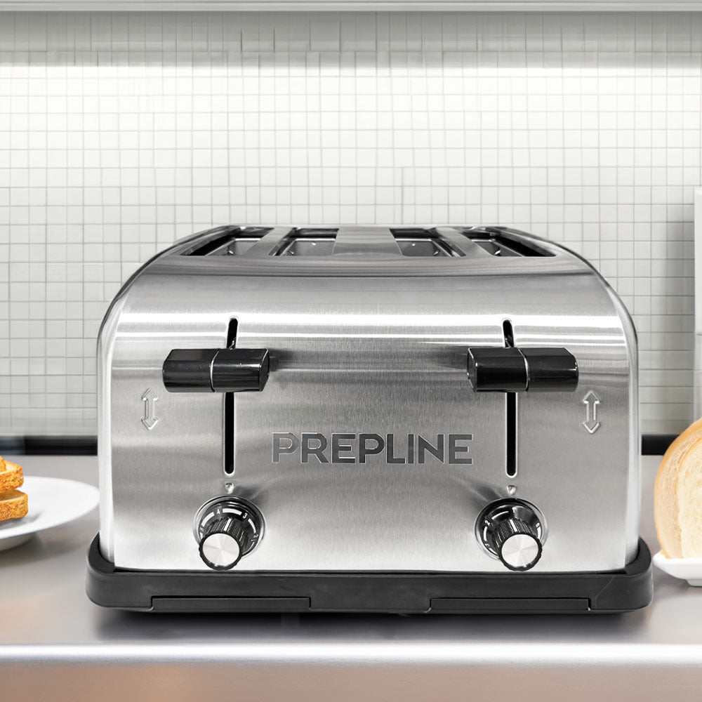 Prepline PT-4S commercial toaster with 1.5-inch slots, designed to toast 4 slices at a time, operating on 120V, ideal for high-volume food service in restaurants and cafes