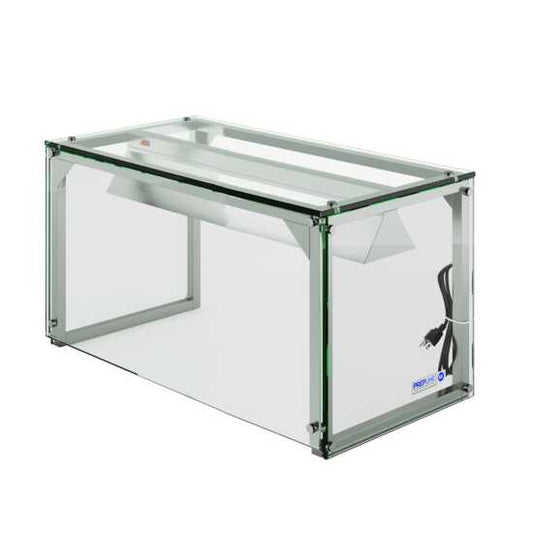 The Prepline PSG-LT-27-S is a 27-inch glass sneeze guard with LED lighting, designed for salad bars to protect food from contamination while enhancing visibility and presentation with built-in lighting.