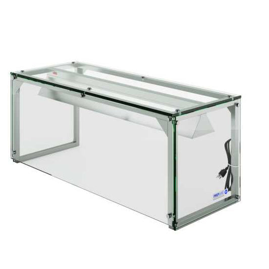 The Prepline PSG-LT-36-S is a 36-inch glass sneeze guard with LED lighting, ideal for salad bars. It offers protection from contamination and enhances food presentation with bright, built-in lighting.