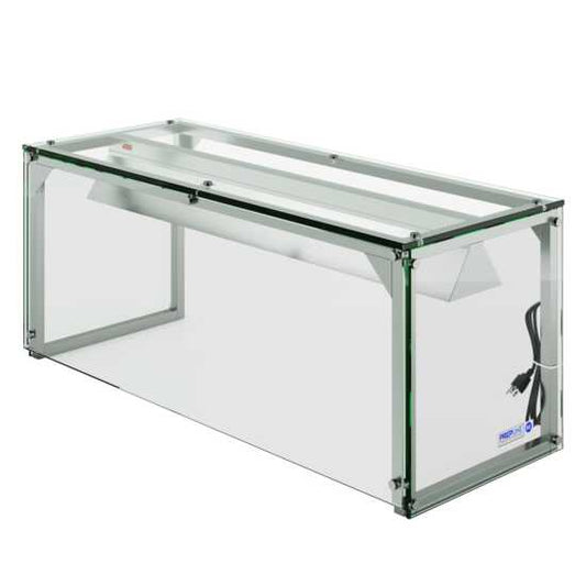 The Prepline PSG-LT-46-S is a 46-inch glass sneeze guard with LED lighting, perfect for salad bars. It ensures food safety from contaminants while highlighting and enhancing presentation with built-in lighting.