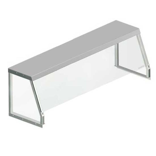 Prepline SG-1560 60" Angled Sneeze Guard for Steam Tables and Salad Bars, designed to protect food from airborne contaminants while ensuring clear visibility. Perfect for buffets and food service applications.