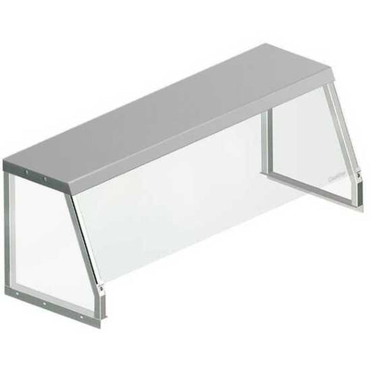 Prepline SG-1548 48" Angled Sneeze Guard for Steam Tables and Salad Bars, designed to safeguard food from airborne contaminants while maintaining visibility. Ideal for buffets and food service environments.
