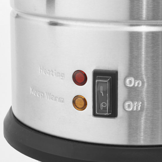 Prepline WB-15 Water Boiler with a 4-gallon capacity (103 cups) and 1500W heating element. Designed for commercial use, it provides efficient hot water dispensing for beverages and food preparation. Powered by 120V for consistent and reliable performance.