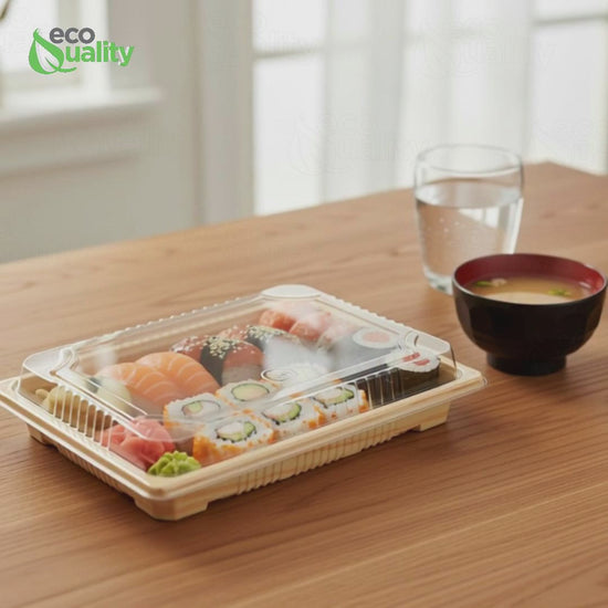 Rectangular bamboo look sushi container with clear plastic lid for takeout