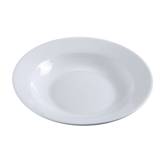 Yanco Soup Plate PS-3 is perfect for serving soups, bouillons, and other dishes. With a 10-ounce capacity and a 9-inch diameter, it features a flat construction with wide rims, ideal for serving standard-sized portions. Crafted from durable porcelain, it withstands a wide range of temperatures and is resistant to scratches and chips. This stylish plate is dishwasher, oven, and microwave safe, making it a practical choice for both traditional and modern table settings.