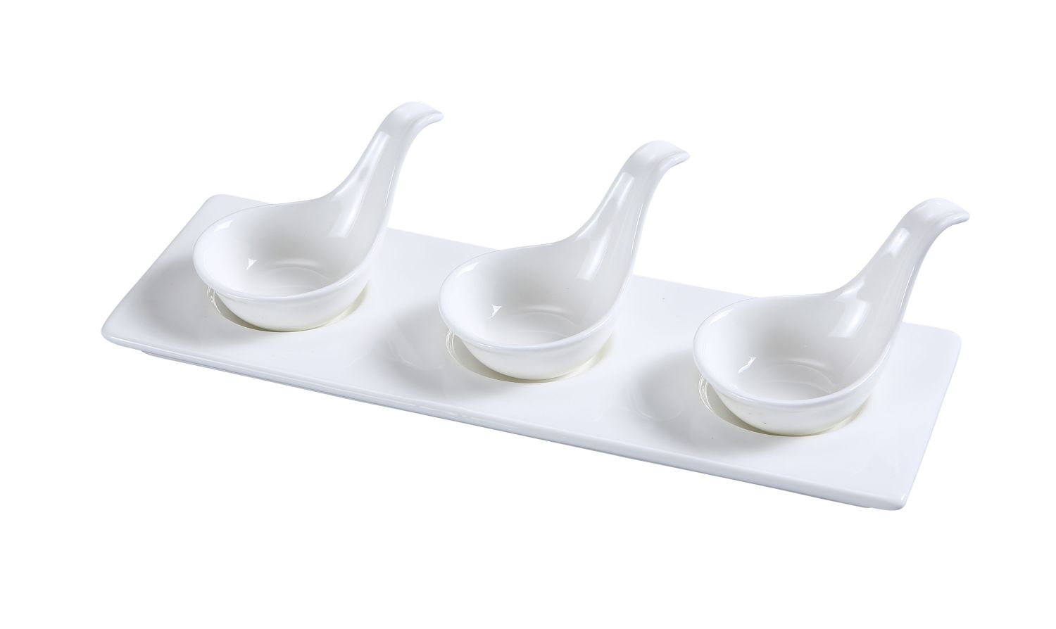 Yanco Three Spoon With Tray PS-721 12/Pcs is a refined and practical addition to your tableware collection, designed for serving small portions of herbs, spices, dips, and sauces. This set includes three 2-ounce porcelain spoons, each 2 inches long, placed neatly on a 10.5x3.5-inch tray. The high-quality porcelain features a smooth glaze finish, enhancing the elegance of your table setting. 