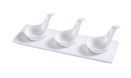 Yanco Three Spoon With Tray PS-721 12/Pcs is a refined and practical addition to your tableware collection, designed for serving small portions of herbs, spices, dips, and sauces. This set includes three 2-ounce porcelain spoons, each 2 inches long, placed neatly on a 10.5x3.5-inch tray. The high-quality porcelain features a smooth glaze finish, enhancing the elegance of your table setting. 