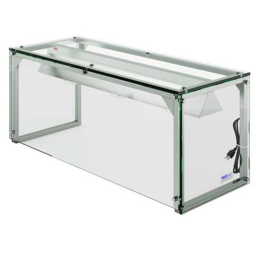 Prepline PSG-LT-30 32" Glass Sneeze Guard with Lamp Bulb for Steam Tables, designed to protect food while providing additional warmth and visibility. Ideal for buffets and food service environments.