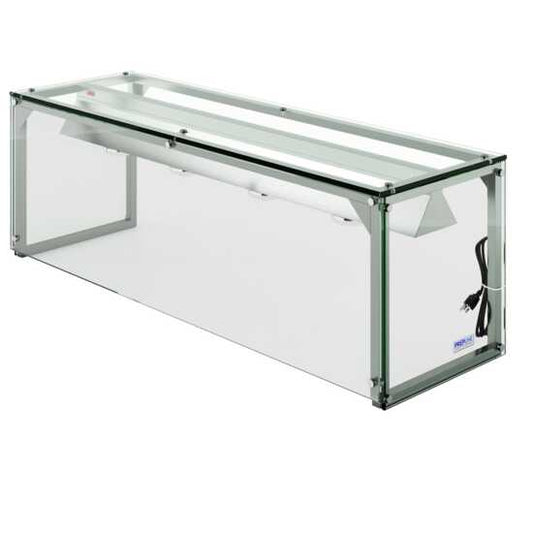 Prepline PSG-LT-60 60" Glass Sneeze Guard with Lamp Bulb for Steam Tables, designed to protect food from airborne contaminants while providing warmth and enhancing visibility. Perfect for buffets and food service areas.