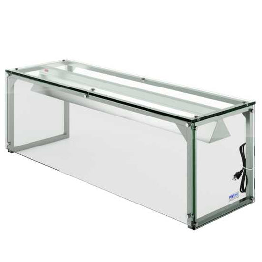 The Prepline PSG-LT-60-S is a 60-inch glass sneeze guard with LED lighting for salad bars, providing protection from contamination and improving food visibility with its built-in illumination.