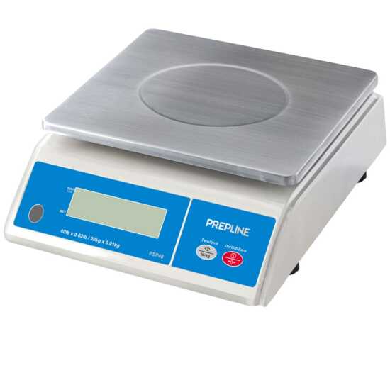 The Prepline PSP40 Digital Portion Control Scale, with a 40 lb capacity and LCD display, provides precise weighing for portion control, making it ideal for commercial kitchens and food prep stations.