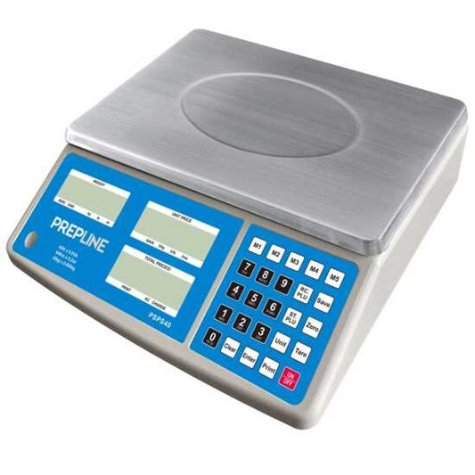 The Prepline PSPS40 Digital Price Computing Scale, with a 40 lb capacity and legal for trade certification, ensures accurate product weighing and pricing, making it perfect for retail stores and markets.