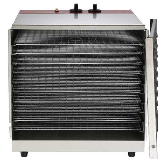 Prepline FD-10R stainless steel food dehydrator with 10 racks, operating on 120V, designed for efficiently drying fruits, vegetables, and meats in commercial kitchens.