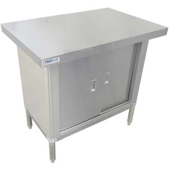 Prepline 24"D x 36"L 304 stainless steel enclosed base worktable featuring sliding doors, perfect for efficient storage and workspace in commercial kitchens."