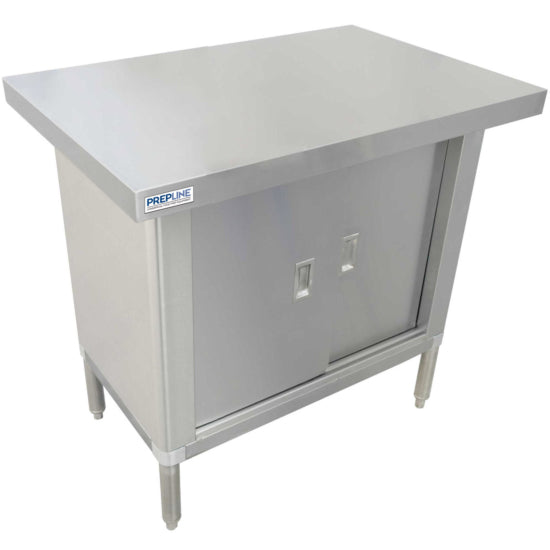 Stainless steel enclosed base worktable measuring 24 inches deep and 48 inches long, crafted from 304 stainless steel, featuring sliding doors for easy access to storage, designed for durability and efficiency in commercial kitchens or workspaces.