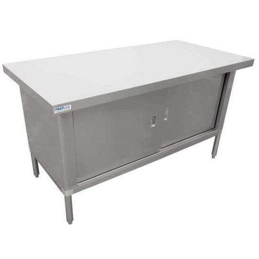 "Sturdy 24”D x 72”L 304 stainless steel worktable featuring an enclosed base with sliding doors, perfect for food preparation, cooking, and kitchen storage, enhancing organization and efficiency in any workspace."