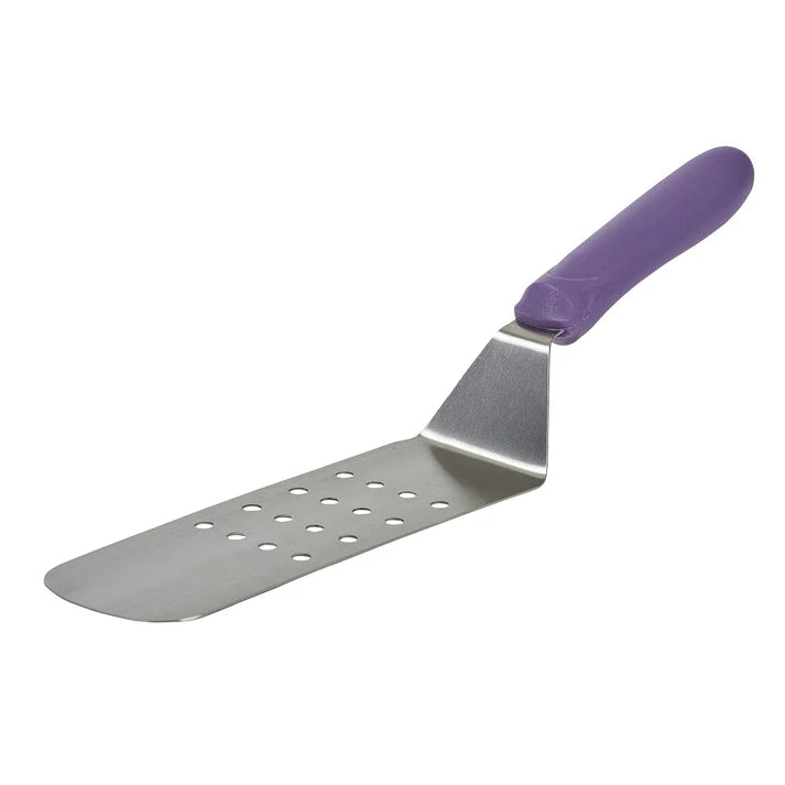 Perforated Flexible Turner w/ Offset 12/Pack designed with meticulously placed holes on its surface, allows excess oil to drip off while its rounded edges allow it to slide easily under omelets, pancakes, and french toast. Thanks to its non-slip polypropylene handle with an ergonomic design, this item fits comfortably in your hand for a secure grip. Perfect for lifting and serving oily foods like burgers and sausages from the grill. This model is also dishwasher safe and NSF listed.