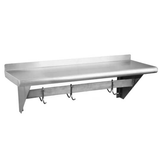 Prepline PWS-1436-PR 14"x36" stainless steel wall-mount shelf with pot rack is a versatile storage solution for commercial kitchens and homes. This space-saving unit combines a durable stainless steel shelf for organizing kitchen equipment and a built-in pot rack for hanging pots, pans, and utensils. Designed for easy cleaning and rust resistance, it maximizes storage space in food prep areas and workstations, offering both functionality and sleek design.