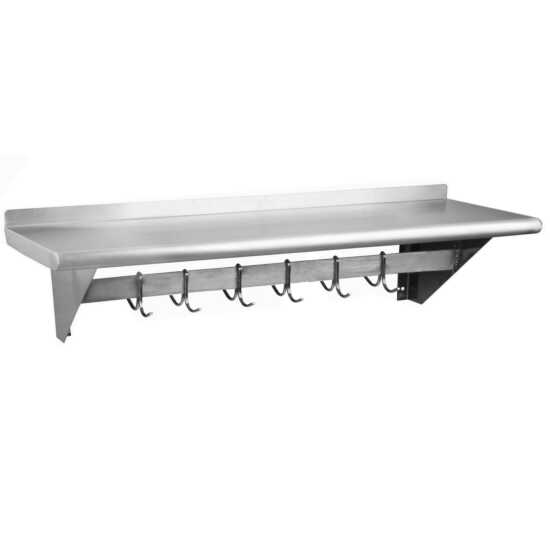 Prepline PWS-1472-PR 14"D x 72"L stainless steel wall-mount shelf with pot rack is an ideal storage solution for commercial kitchens and home chefs. This durable shelf provides a spacious area for organizing kitchen supplies, while the integrated pot rack allows for easy access to hanging pots, pans, and utensils. Made from high-quality, rust-resistant stainless steel, it ensures easy cleaning and long-lasting use, helping to maximize workspace and keep kitchens organized and efficient.