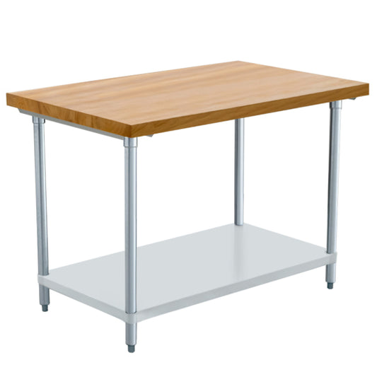 Prepline PWTG-3072-M 30-inch deep by 72-inch long worktable featuring a 1.75-inch thick solid maple wood top, galvanized steel base, and adjustable undershelf and bullet feet for versatile storage and stability in commercial kitchens.