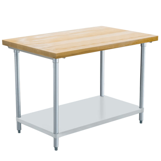 Alt text: Prepline PWTG-3048-R 30-inch deep by 48-inch long wood top worktable featuring a sturdy maple surface, galvanized steel base, and adjustable undershelf for versatile storage in commercial kitchens.
