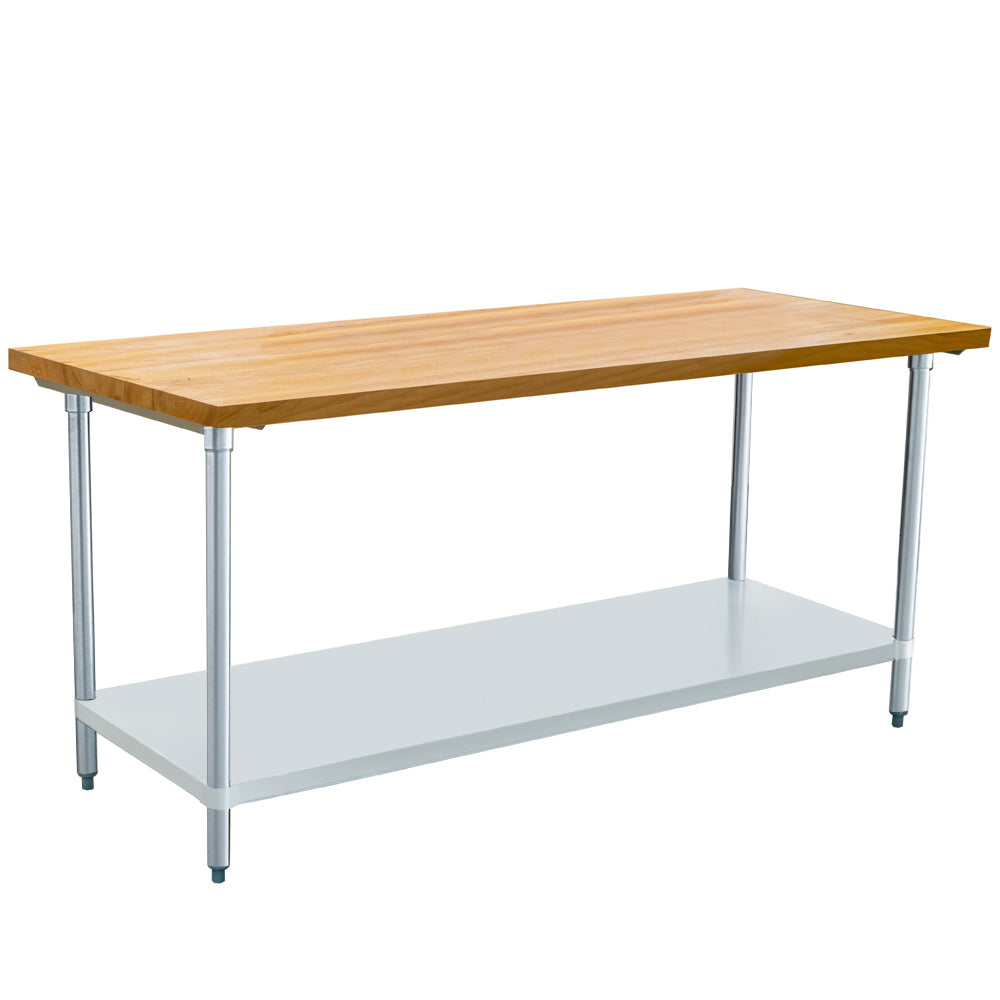 Prepline PWTG-3072-M 30-inch deep by 72-inch long worktable featuring a 1.75-inch thick solid maple wood top, galvanized steel base, and adjustable undershelf and bullet feet for versatile storage and stability in commercial kitchens.