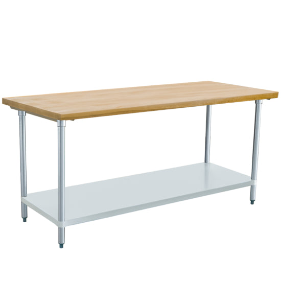Prepline PWTG-3072-R 30-inch deep by 72-inch long wood top worktable featuring a 1.75-inch thick solid Hevea hardwood surface, galvanized steel base, and adjustable undershelf and bullet feet for versatile storage and stability in commercial kitchens.