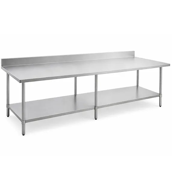 Prepline PWTG-2484-4BS stainless steel commercial worktable featuring a 24-inch depth, 84-inch length, durable undershelf storage, and 4-inch backsplash for added wall protection. Heavy-duty prep station ideal for restaurants, bakeries, catering kitchens, food prep, storage, and commercial kitchen organization.