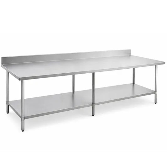 Prepline PWTG-2484-4BS stainless steel commercial worktable featuring a 24-inch depth, 84-inch length, durable undershelf storage, and 4-inch backsplash for added wall protection. Heavy-duty prep station ideal for restaurants, bakeries, catering kitchens, food prep, storage, and commercial kitchen organization.