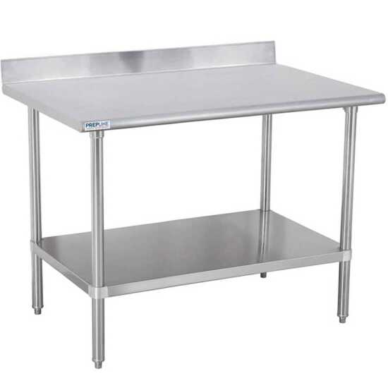Stainless steel worktable (30"D x 48"L) featuring a sturdy undershelf and a 4" backsplash, perfect for food prep and kitchen tasks. Ideal for restaurants