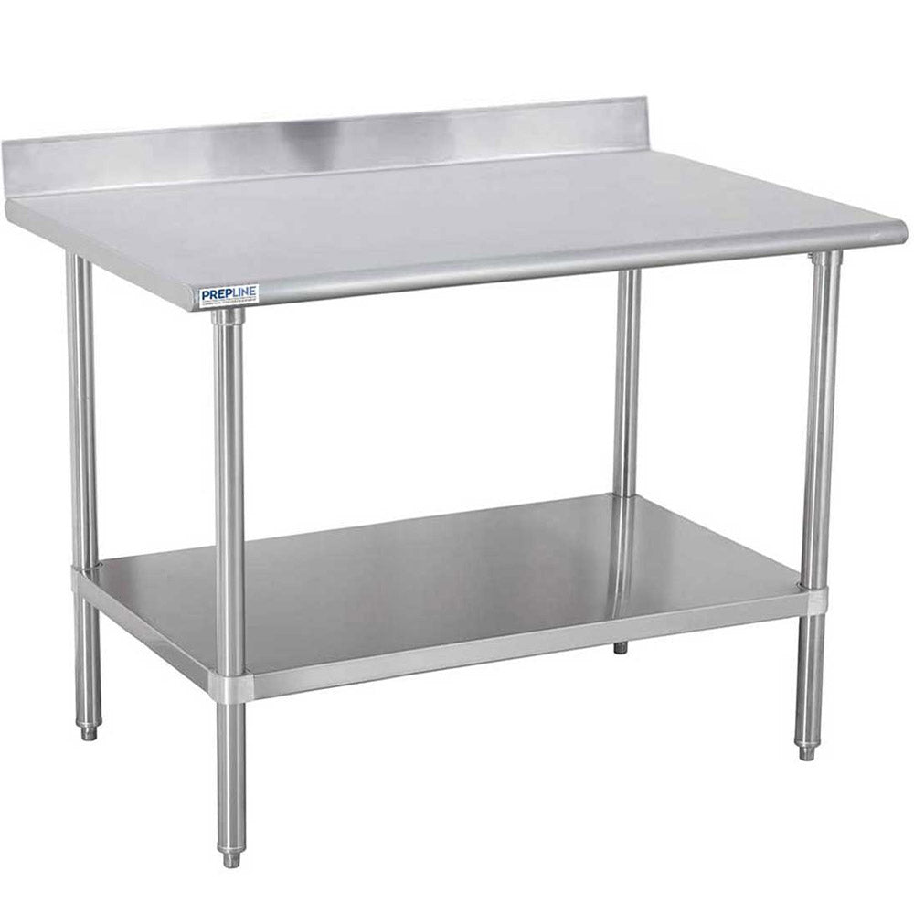 Prepline 24"D x 96"L stainless steel worktable featuring an undershelf and a 4" backsplash, ideal for commercial kitchen use.