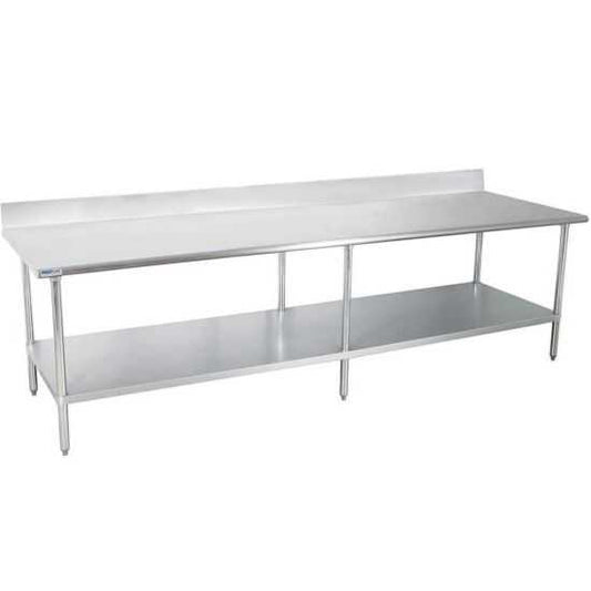 Prepline 24"D x 96"L stainless steel worktable featuring an undershelf and a 4" backsplash, ideal for commercial kitchen use.