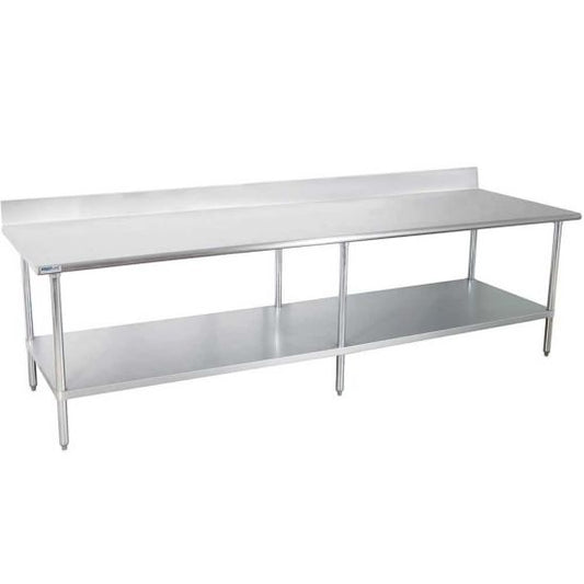 Prepline PWTG-3096-4BS 30-inch deep by 96-inch long stainless steel worktable featuring a 4-inch backsplash, adjustable undershelf, and ABS bullet feet, designed for durability and ease of cleaning in commercial kitchens.