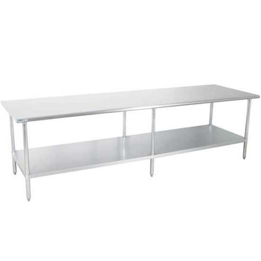 Prepline PWTG-2484 24"D x 84"L stainless steel worktable equipped with an undershelf, designed for efficiency and storage in commercial kitchen environments.
