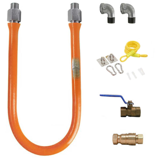 A 60-inch Prepline gas hose connector kit with a 3/4-inch diameter and quick disconnect feature. Designed for commercial kitchens, it ensures secure gas connections for appliances. Includes durable materials for safety, flexibility, and easy installation.