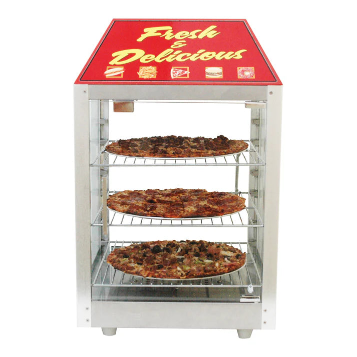 Benchmark Two Door Pass-Thru Warmer/Merchandiser 1/Pack a stainless steel display case, with an adjustable thermostat for any application and many food options. There are two doors, one on each side, to allow two people at once to help themselves, or a customer taking food out of the front of the unit and an employee loading more product in the other door. Has three adjustable chrome-plated racks for holding and displaying food in the case.&nbsp;