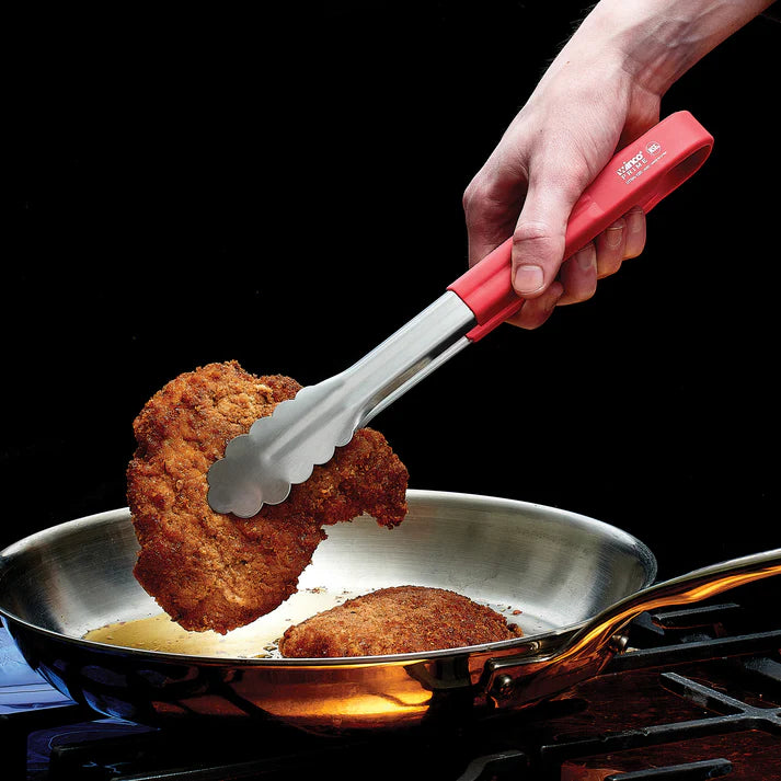  (Blue 12", Black 12", Red 12", Blue 9-1/2", Black 9-1/2", Red 9-1/2") Utility Tong resist rust and corrosion even after frequent use in commercial kitchens. Ideal for flipping pan-fried chicken or pulling pork tenderloins from baking racks, this kitchen utensil’s thin scalloped tips increase grip on hot or cold food items. Its silicone handle protects users’ hands from burns and provides insulation when placed or used in cold temperatures. 
