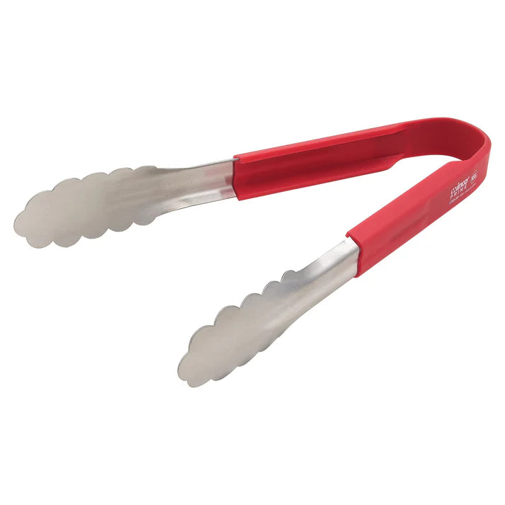  (Blue 12", Black 12", Red 12", Blue 9-1/2", Black 9-1/2", Red 9-1/2") Utility Tong resist rust and corrosion even after frequent use in commercial kitchens. Ideal for flipping pan-fried chicken or pulling pork tenderloins from baking racks, this kitchen utensil’s thin scalloped tips increase grip on hot or cold food items. Its silicone handle protects users’ hands from burns and provides insulation when placed or used in cold temperatures. 