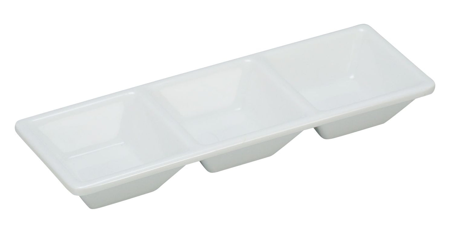 Yanco 3-Compartment Dessert Dish RM-064 is a stylish and practical serving solution, perfect for restaurants, catering services, and hospitality venues. Measuring 7.5" x 2.5", this rectangular dish features three compartments, making it ideal for serving dips, sauces, and spices while keeping flavors separate. Crafted from high-quality melamine, it offers the look of ceramic while being lightweight, shatter-resistant, and built for heavy commercial use. 