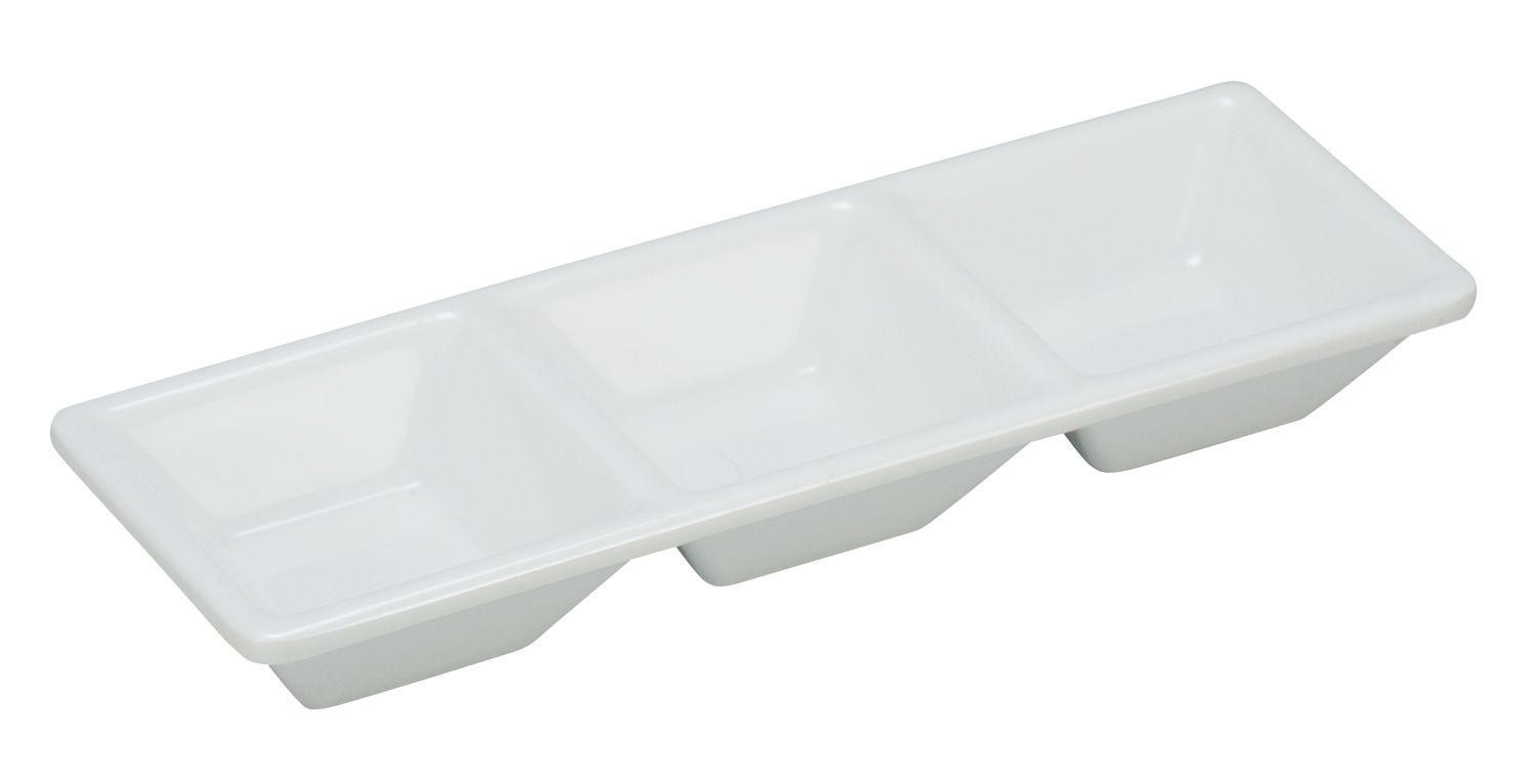 Yanco 3-Compartment Dessert Dish RM-064 is a stylish and practical serving solution, perfect for restaurants, catering services, and hospitality venues. Measuring 7.5" x 2.5", this rectangular dish features three compartments, making it ideal for serving dips, sauces, and spices while keeping flavors separate. Crafted from high-quality melamine, it offers the look of ceramic while being lightweight, shatter-resistant, and built for heavy commercial use. 