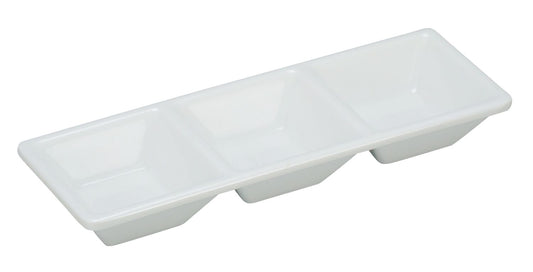 Yanco 3-Compartment Dessert Dish RM-064 is a stylish and practical serving solution, perfect for restaurants, catering services, and hospitality venues. Measuring 7.5" x 2.5", this rectangular dish features three compartments, making it ideal for serving dips, sauces, and spices while keeping flavors separate. Crafted from high-quality melamine, it offers the look of ceramic while being lightweight, shatter-resistant, and built for heavy commercial use. 