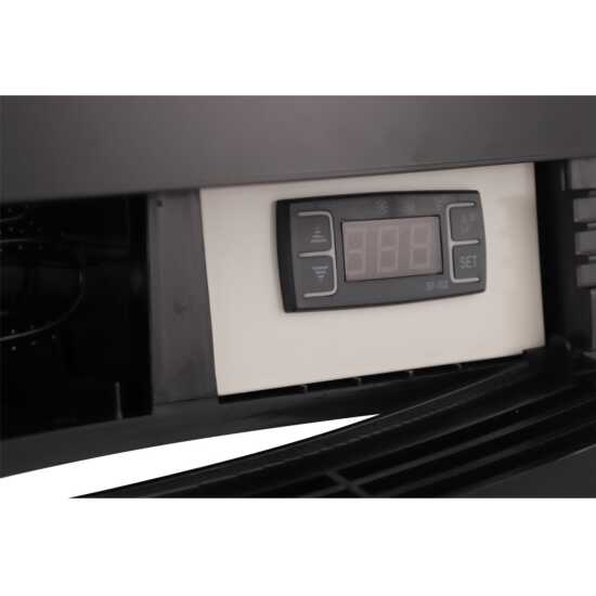 Marchia MDC78B Black Countertop Refrigerated Glass Display Case with LED lighting. Compact and sleek, designed for cooling and showcasing various food items with clear visibility.