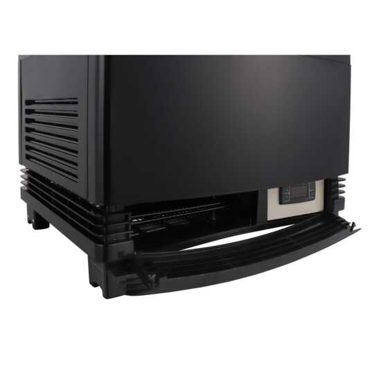 Marchia MDC78B Black Countertop Refrigerated Glass Display Case with LED lighting. Compact and sleek, designed for cooling and showcasing various food items with clear visibility.