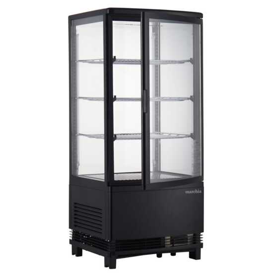 Marchia MDC78B Black Countertop Refrigerated Glass Display Case with LED lighting. Compact and sleek, designed for cooling and showcasing various food items with clear visibility.